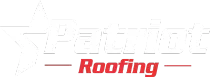 A red and white logo for a roofing company on a white background.