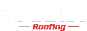 A red and white logo for a roofing company on a white background.