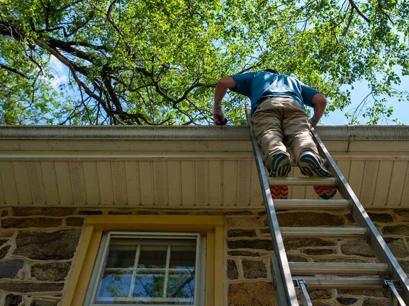 A man is standing on a ladder on the side of a house.