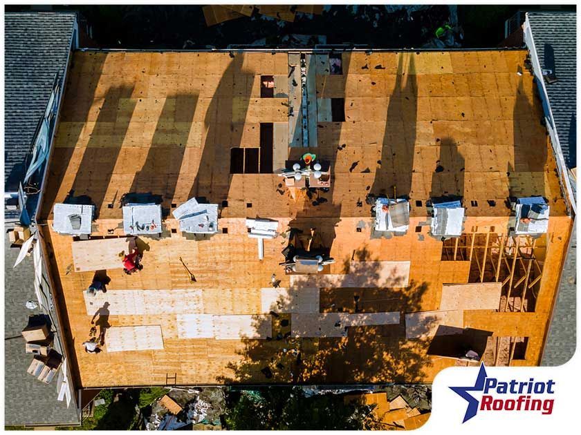 An aerial view of a roof being built by patriot roofing