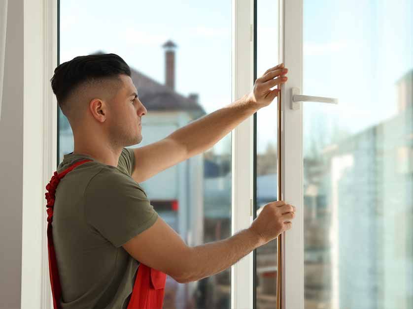 A man is installing a window in a house.