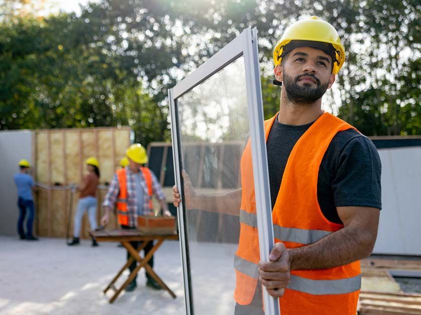 A construction worker is holding a window at a construction site.