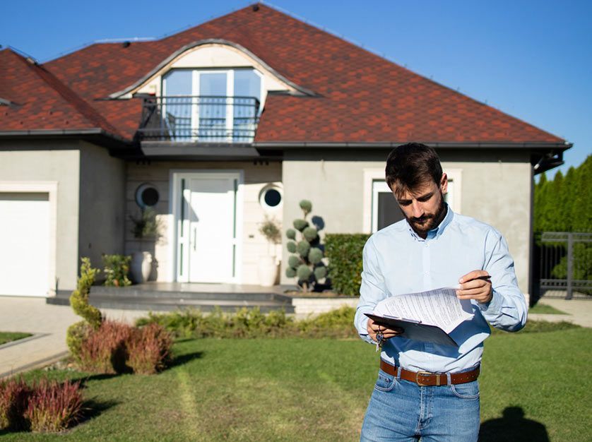 A man is standing in front of a house looking at a piece of paper.