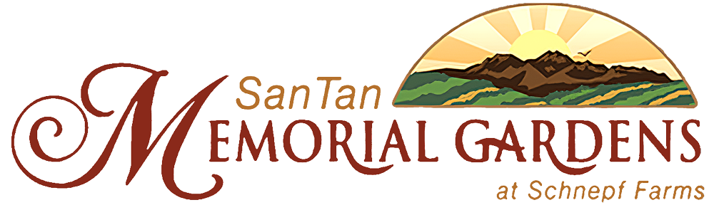 Logo for San Tan Memorial Gardens at Schnepf Farms, featuring text and a graphic of a sunrise over mountains and fields.