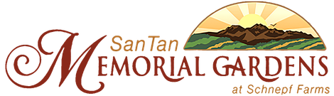 Logo for San Tan Memorial Gardens at Schnepf Farms, featuring text and a graphic of a sunrise over mountains and fields.
