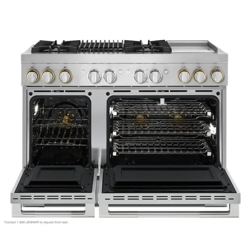 A stainless steel stove with the oven door open.