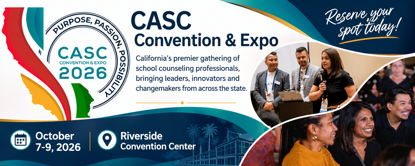 CASC 2026 Convention & Expo banner with dates, Riverside Convention Center, and diverse speakers on a blue-orange backdrop
