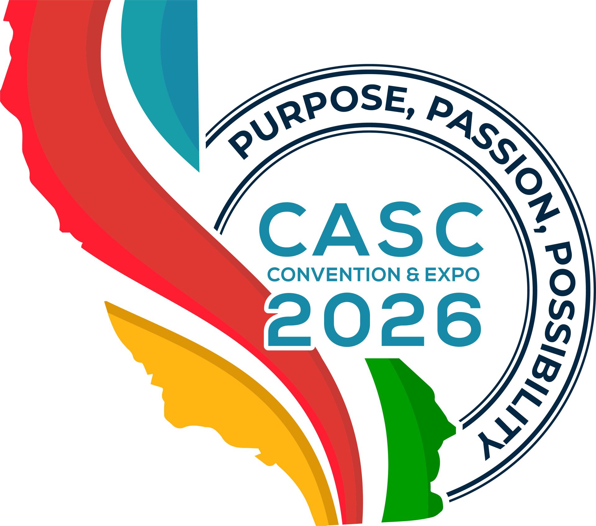 CASC Convention & Expo 2026 logo with California outline, colorful ribbons, and text: 