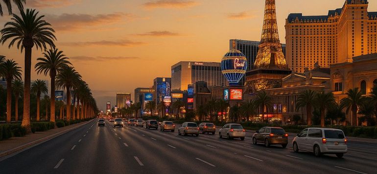 A busy city street with cars driving down it at sunset.