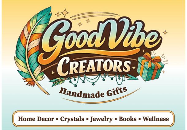 Good Vibe Creators logo with feather, gift box, and handmade gifts categories on a warm gradient background