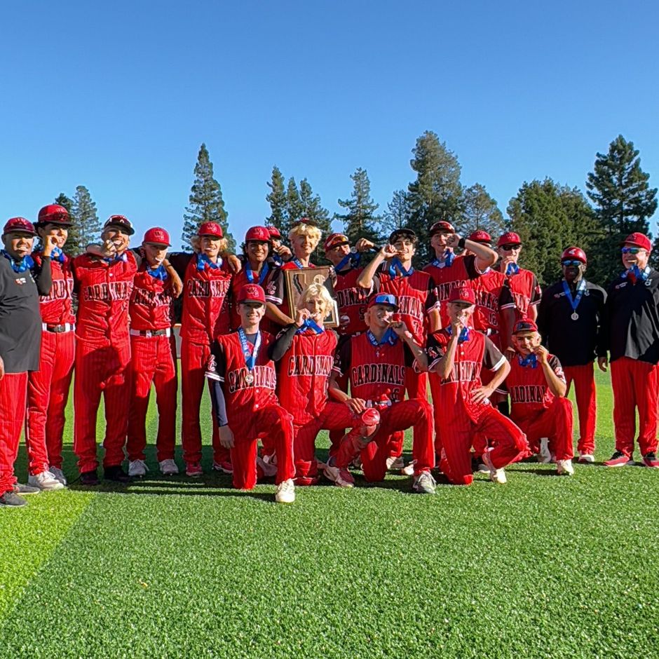 A group of baseball players are posing for a picture on a field.