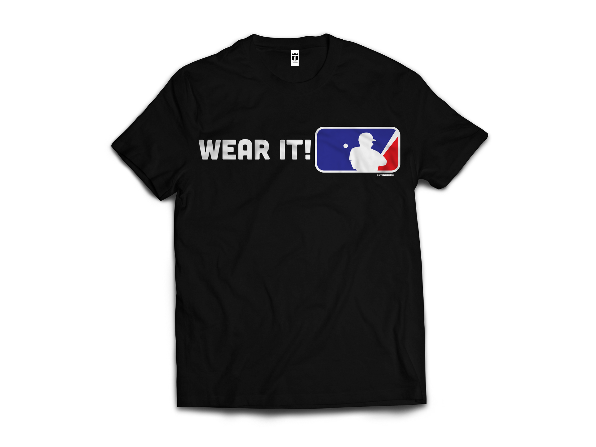 A black t-shirt that says wear it on it