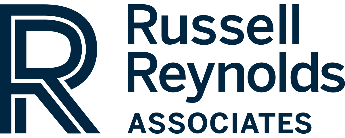 the logo for russell reynolds associates is blue and white .