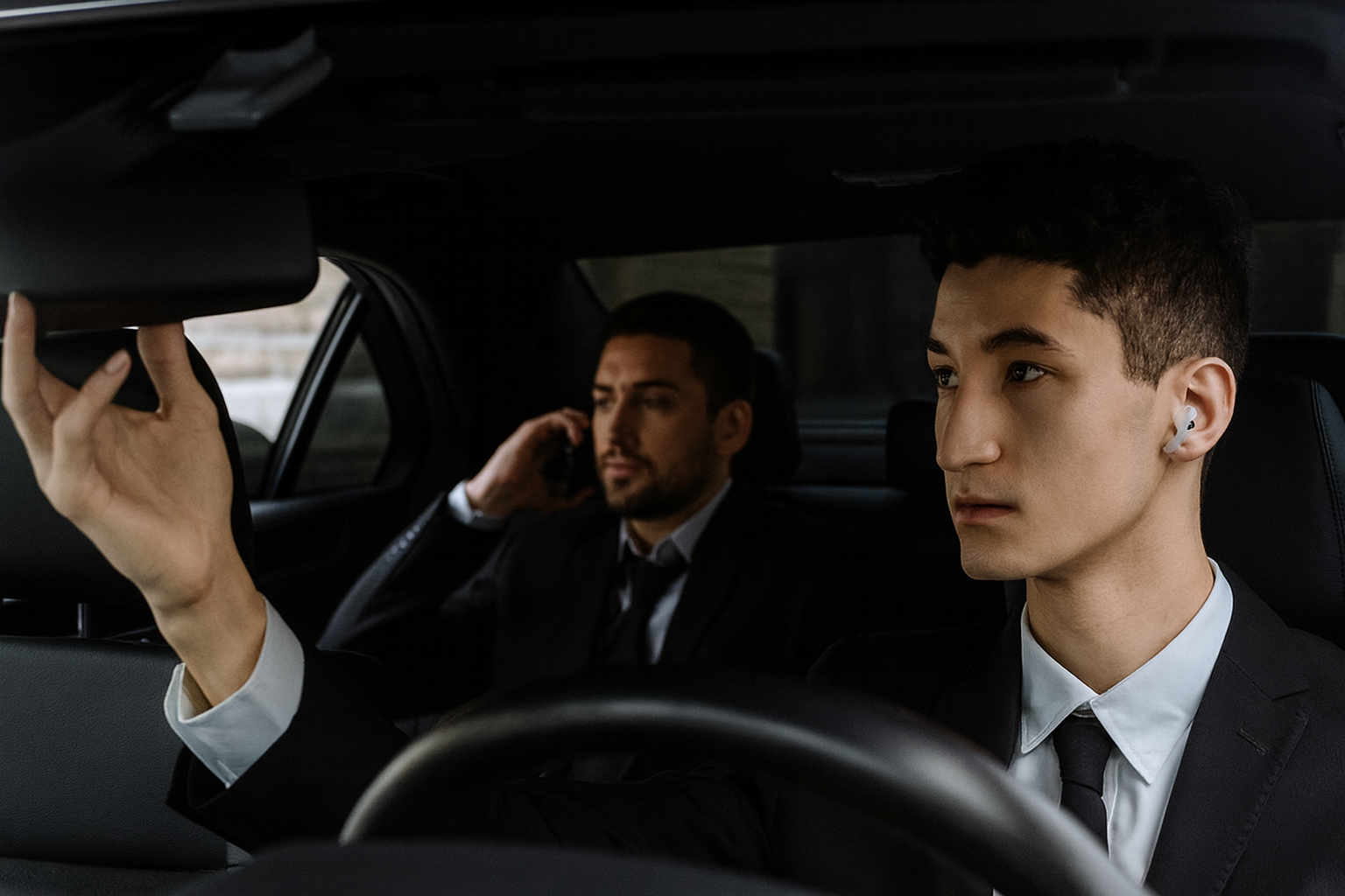 A man is driving a car with a woman sitting in the back seat.