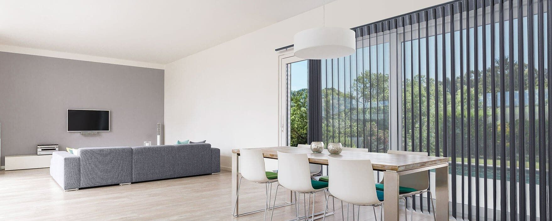 A Living Room With a Dining Table and Chairs and a Television — Simply Smarter Blinds in Nelson Bay, NSW