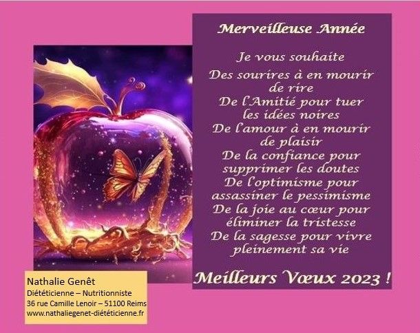 Une carte de voeux en français avec une image d'une pomme et de papillons