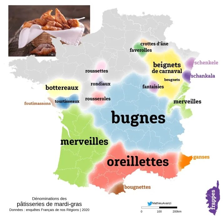 Une carte de France avec le mot bugnes dessus