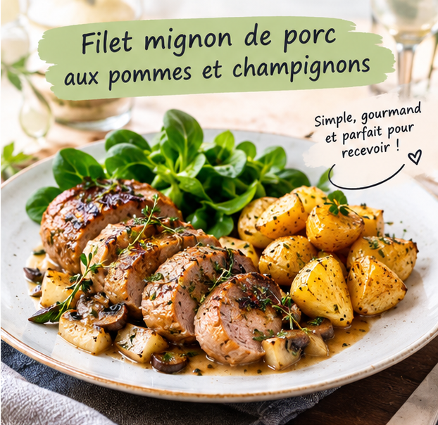 Filet mignon de porc aux pommes et champignons, pommes de terre rôties et salade de mâche 
