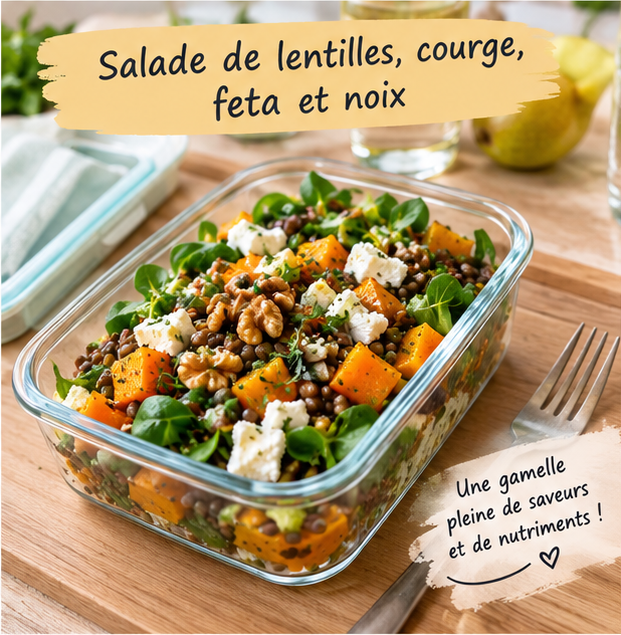Lunchbox de lentilles, courge rôtie, feta, noix et mâche pour le déjeuner au travail, recette d'automne