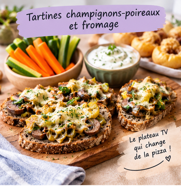 Tartines aux champignons, poireaux et fromage avec crudités pour un plateau télé équilibré, recette d'automne