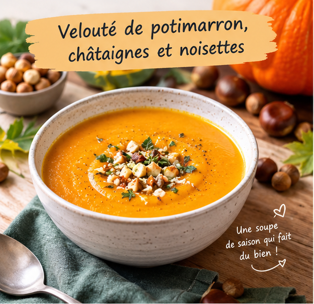 Velouté de potimarron aux châtaignes et noisettes, recette d’automne