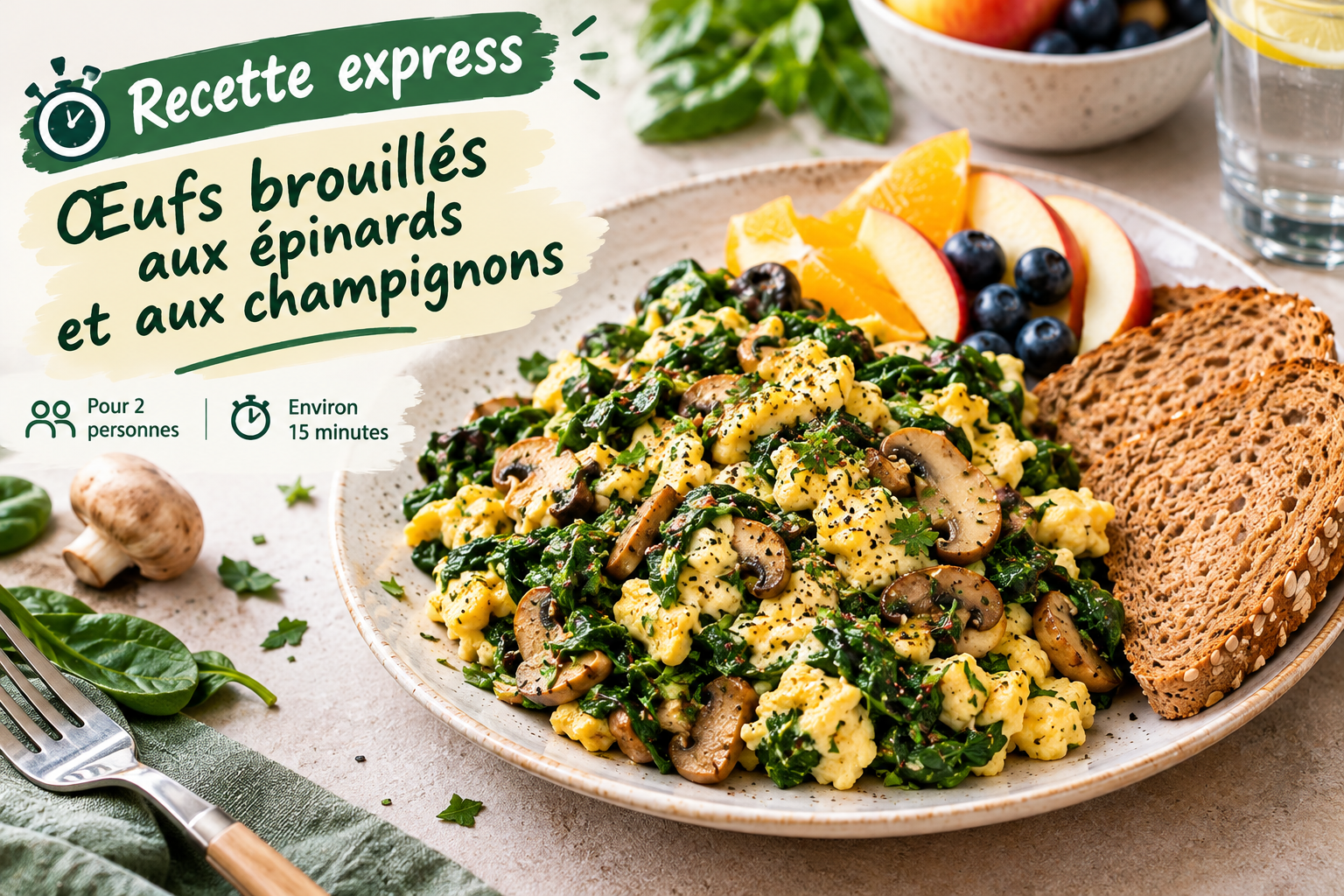 Oeufs brouillés aux épinards et champignons avec pain complet, repas express d’automne