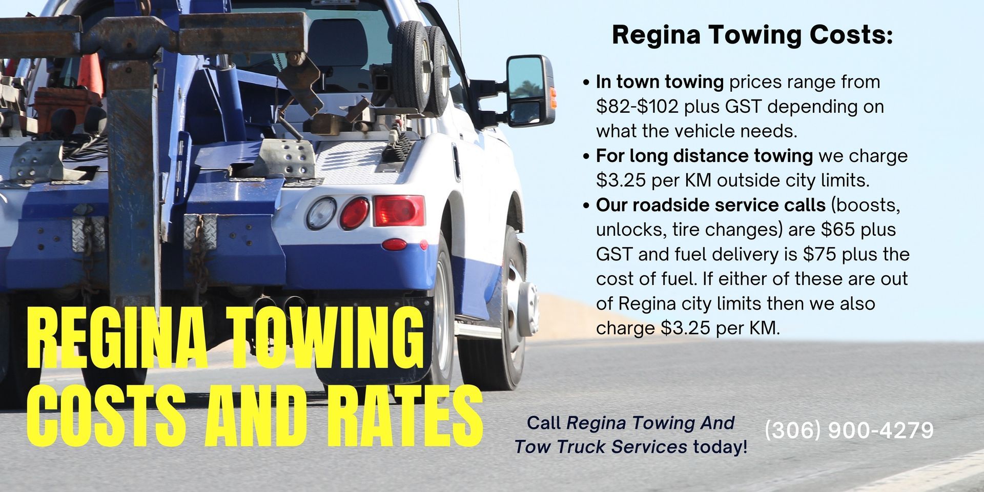 banner displaying the costs and rates of towing and roadside help in Regina, SK, Canada