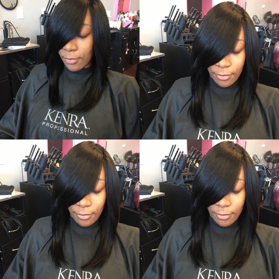 Collage of a woman with straight black hair wearing a black salon cape in a hair salon.
