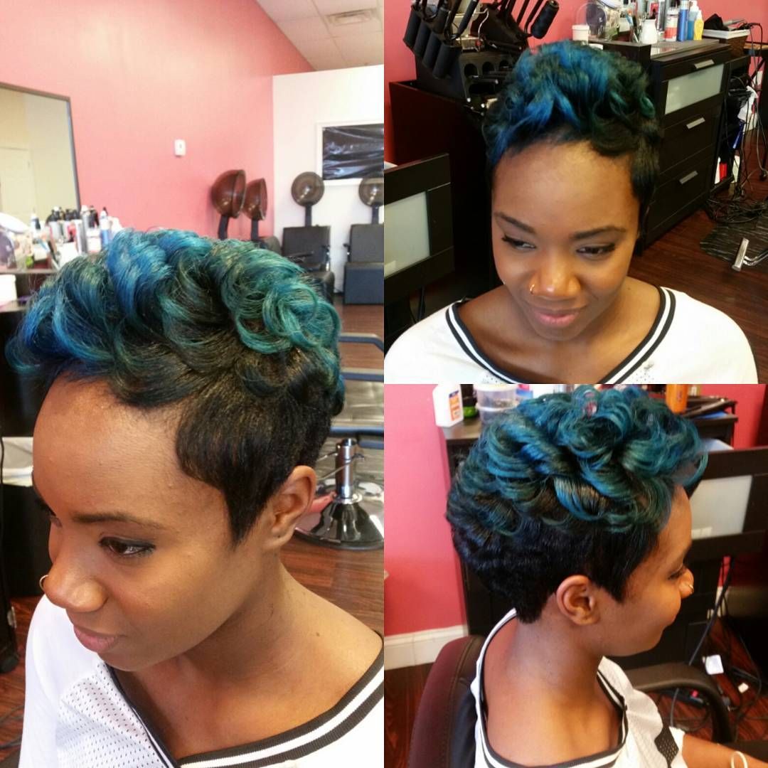 Collage of a short blue-green curly haircut from front and side views in a salon.