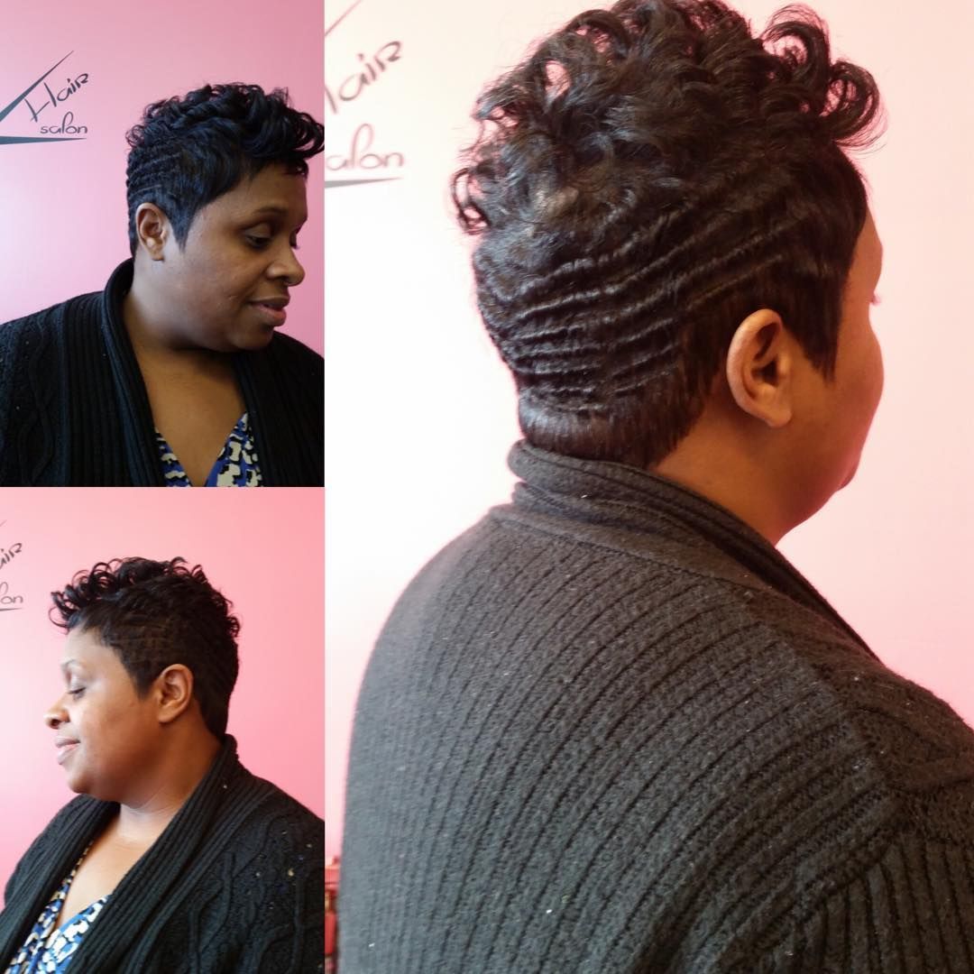 Three-view collage of a person with short curly hair in a black sweater against a pink wall