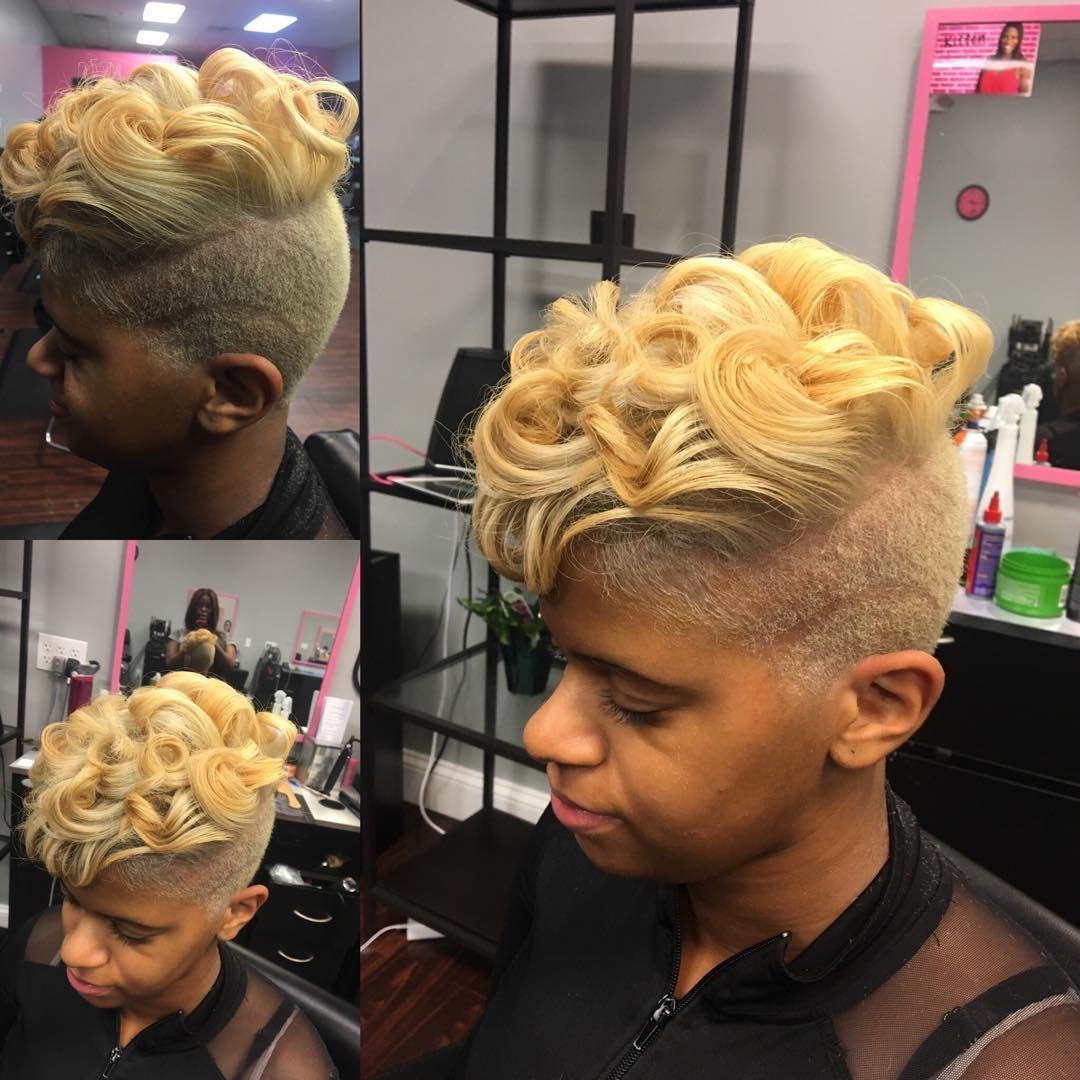 Blonde curly undercut hairstyle shown from multiple angles in a salon chair