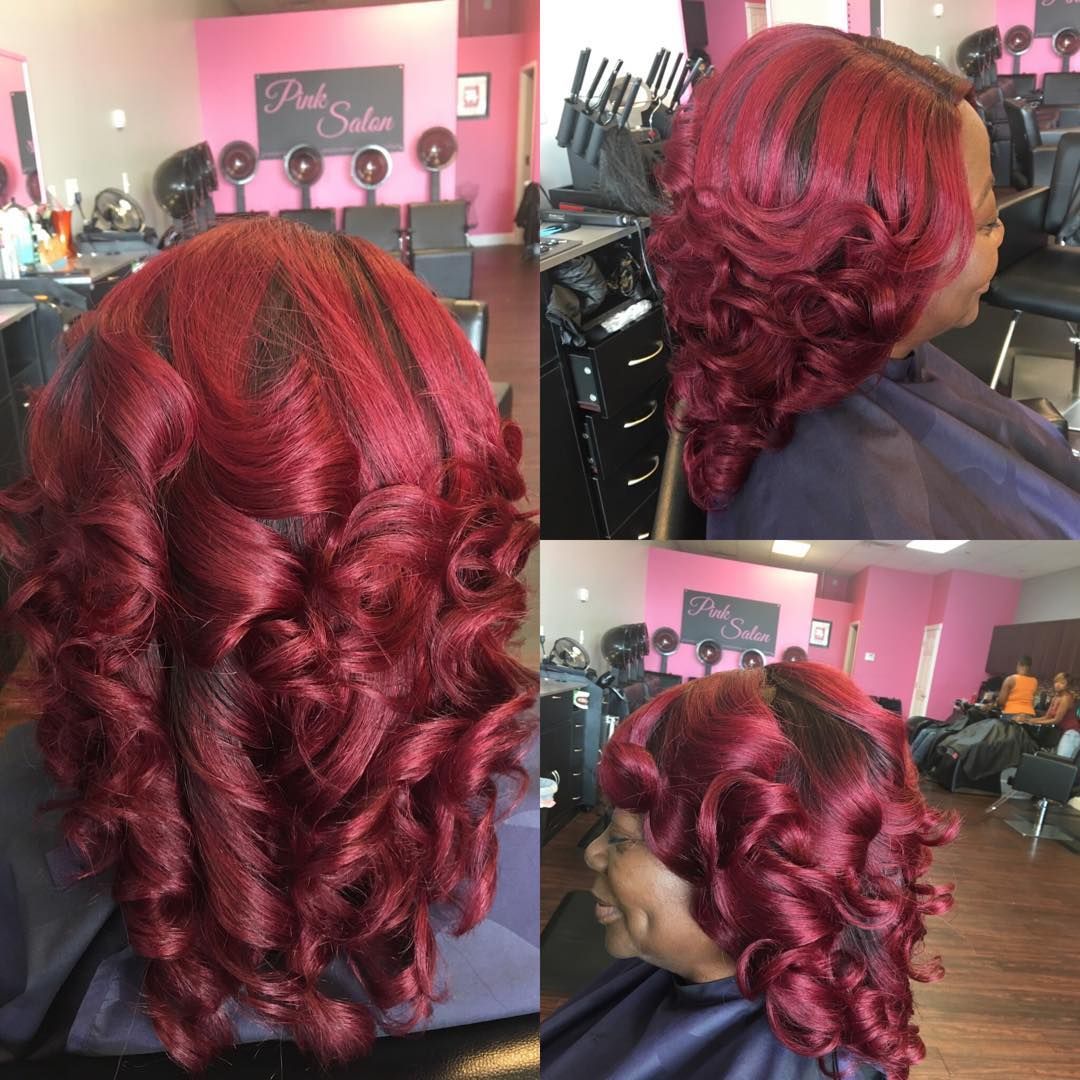 Collage of burgundy curled hairstyle from back and side views in a salon