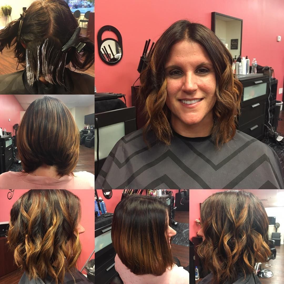 Collage of a shoulder-length brown-and-caramel wavy hairstyle from multiple angles in a salon