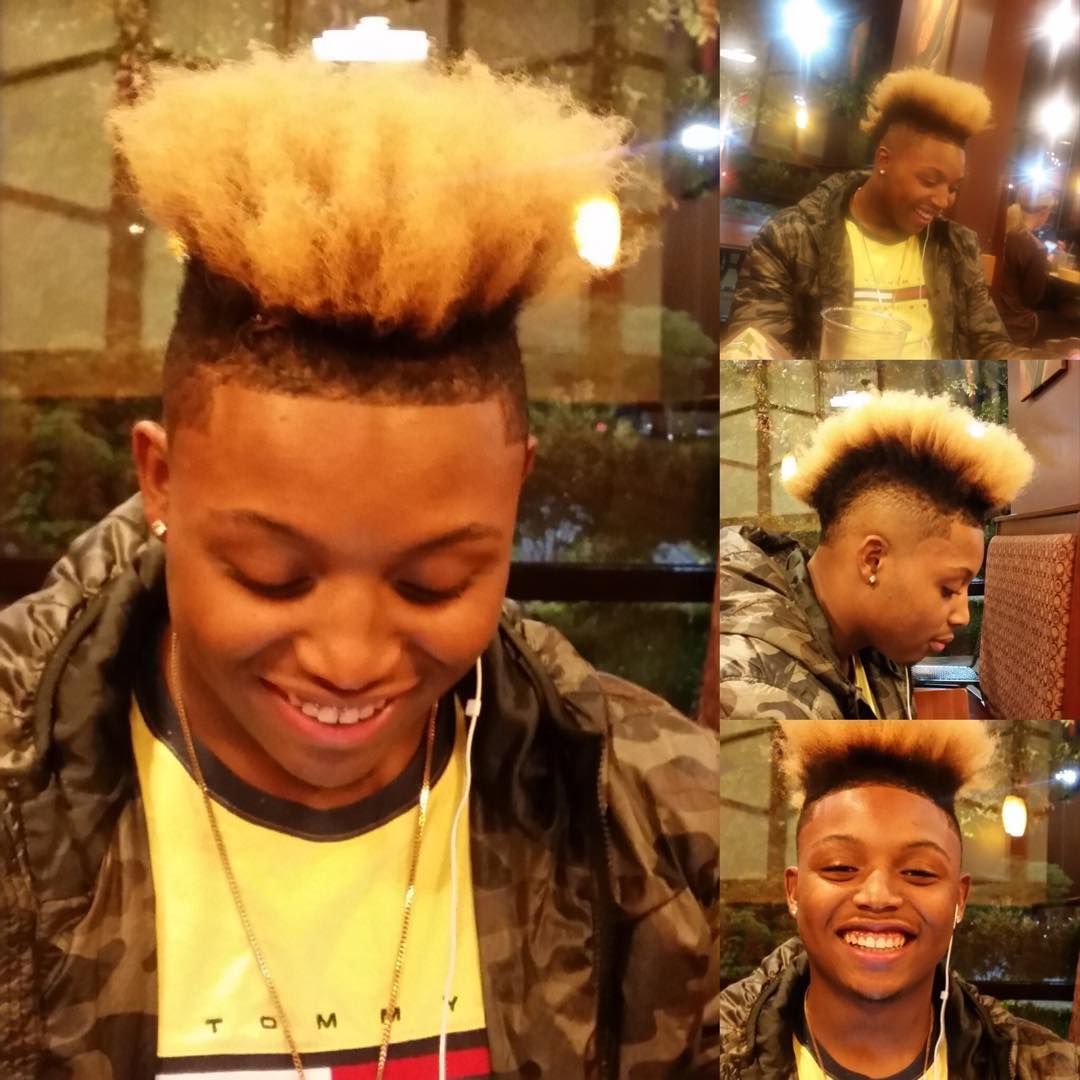 Person with blond-tipped afro smiling in a collage of three indoor portraits