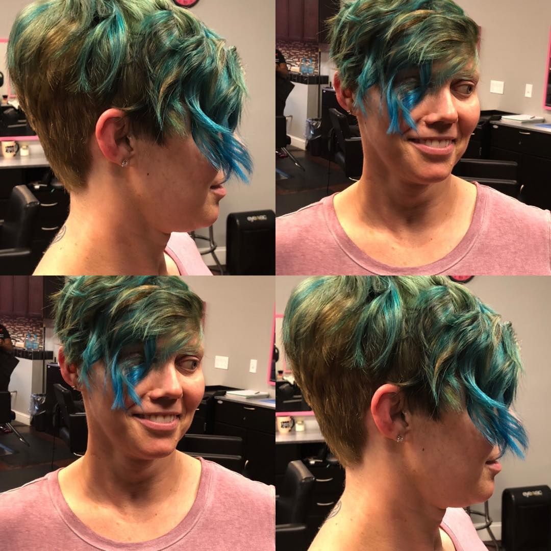 Collage of a short teal-and-brown pixie haircut shown from front and side views