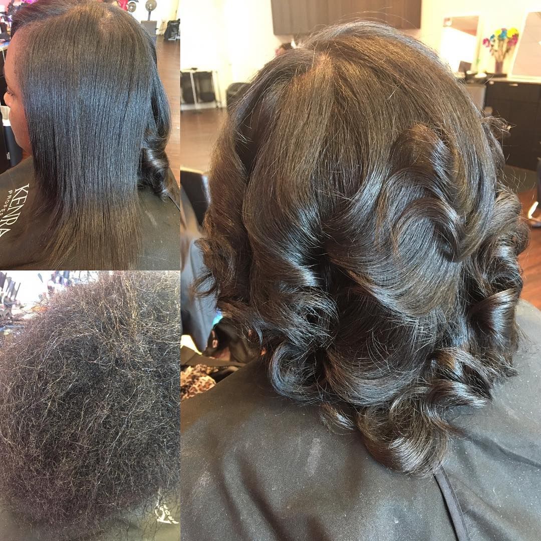 Hair transformation collage: frizzy back view to styled black curls with glossy waves in a salon chair