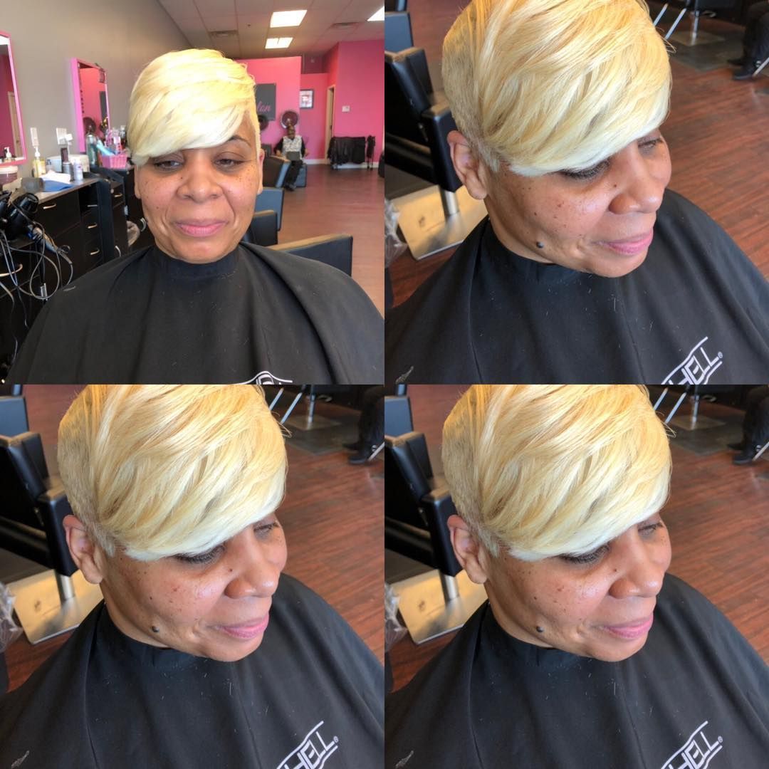 Collage of a person with short blonde hair in a salon chair from multiple angles