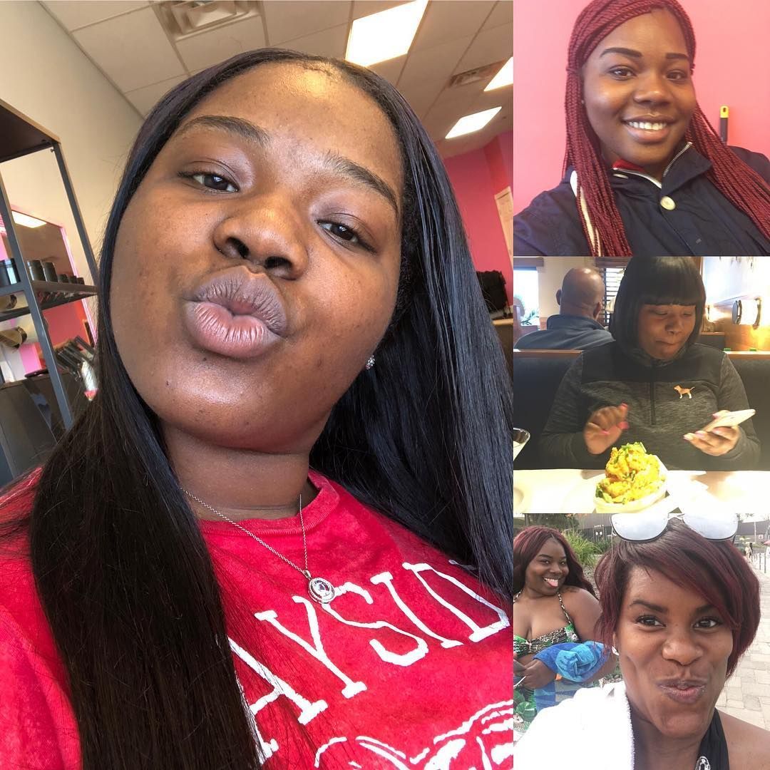 Collage of a woman smiling, making a kissy face, and posing in casual indoor settings