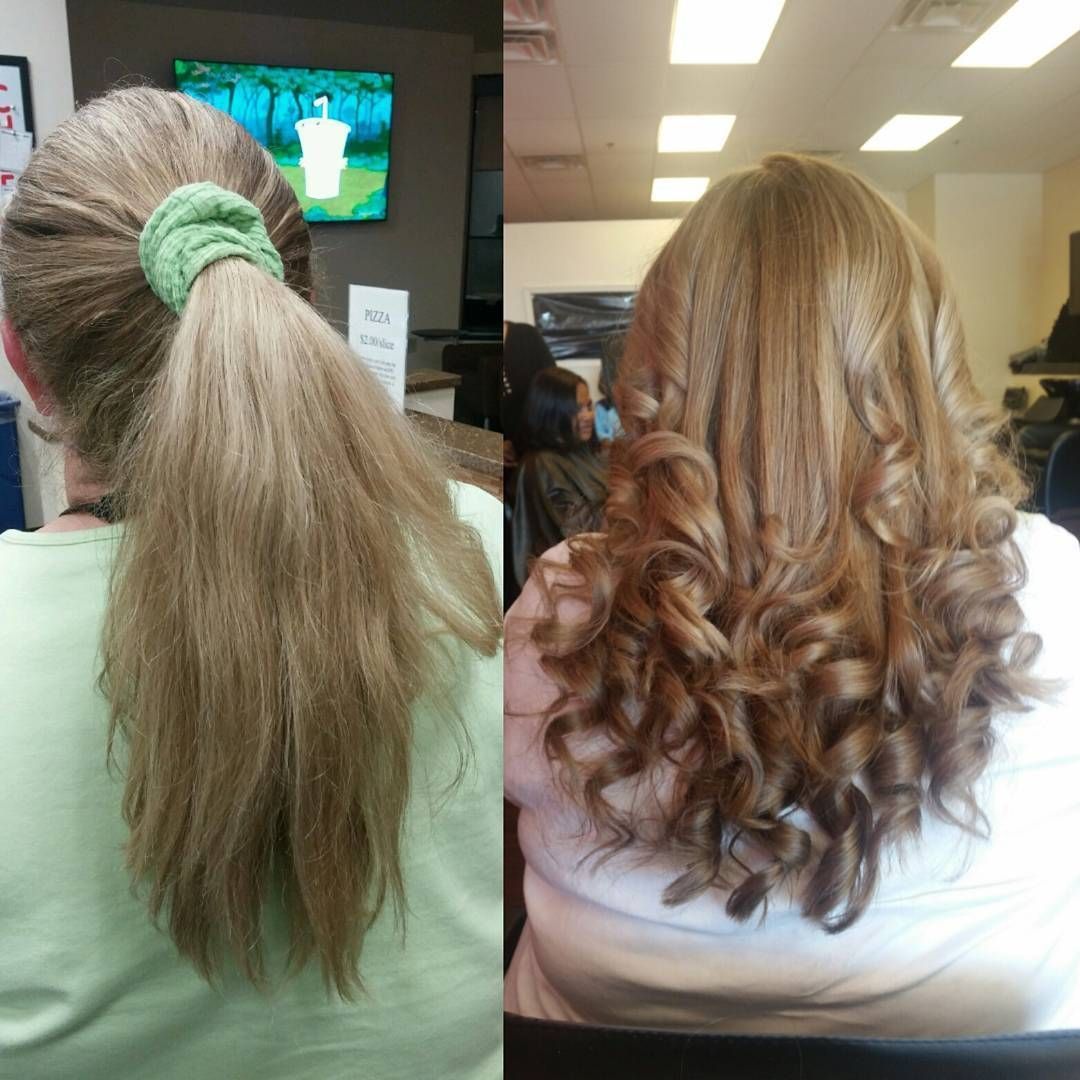 Before-and-after view of long hair: loose ponytail on the left, curled style on the right.
