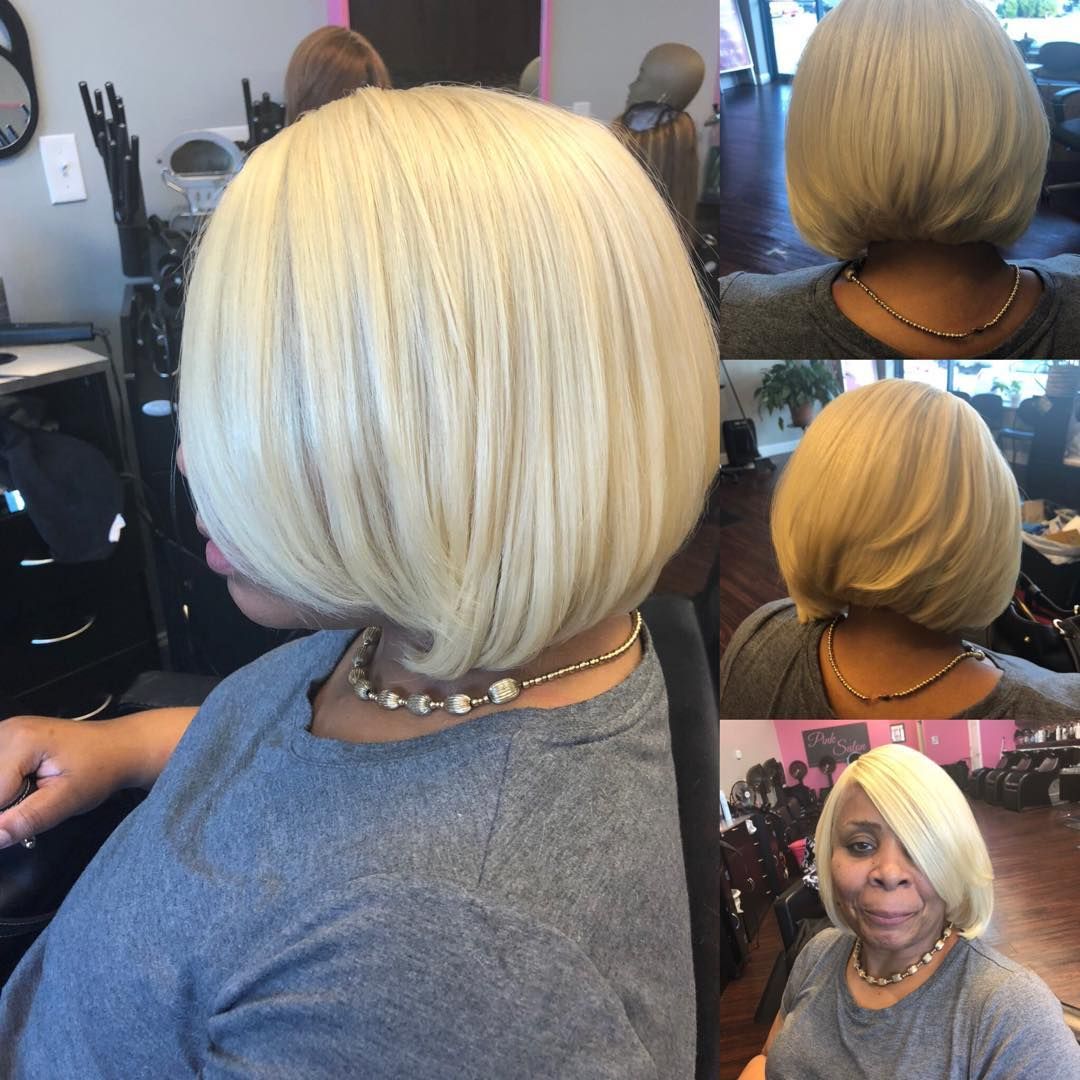 Collage of a short blonde bob haircut styled smooth and side-parted, shown from multiple angles in a salon.