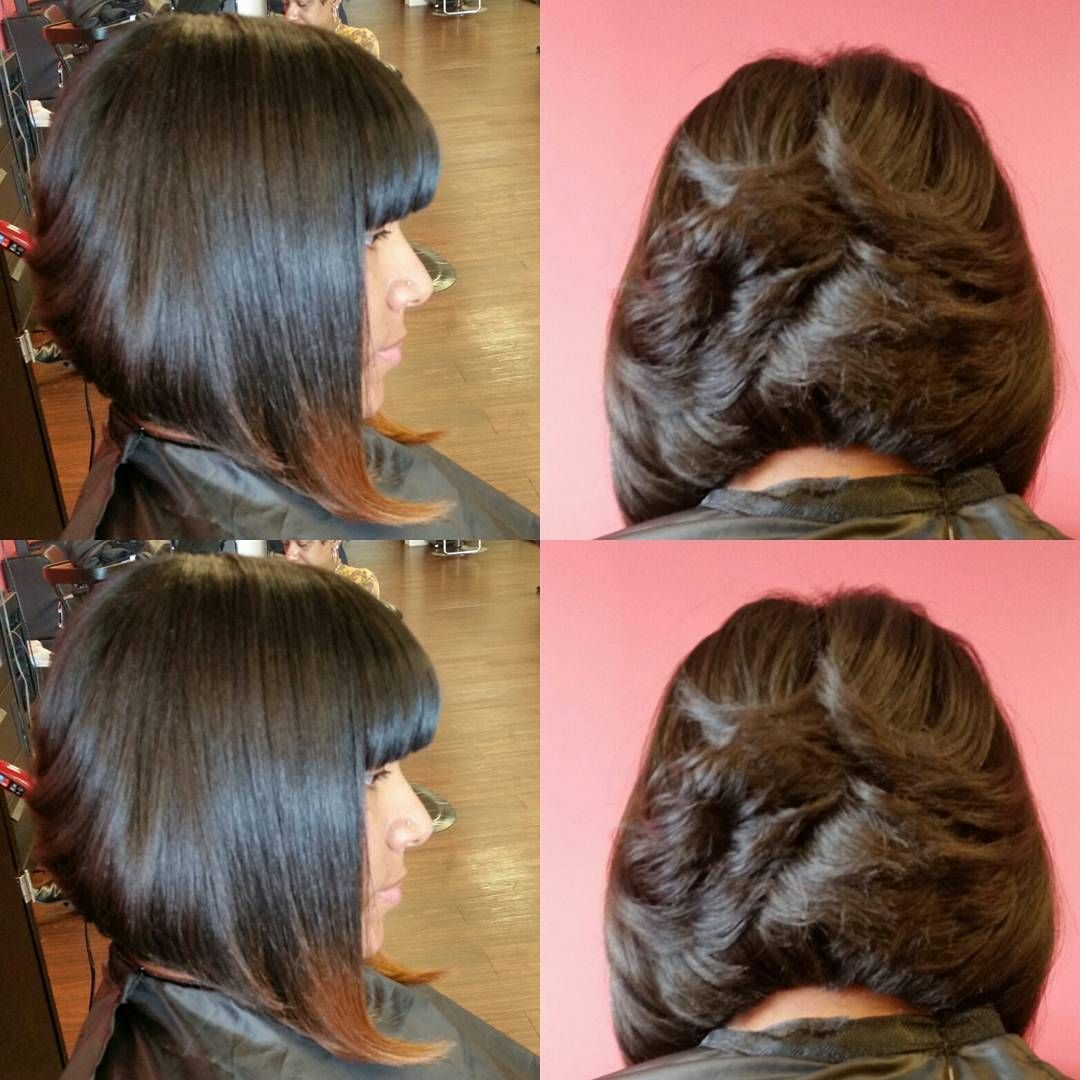 Hair makeover before-and-after collage showing a short, layered brown haircut from side and back views