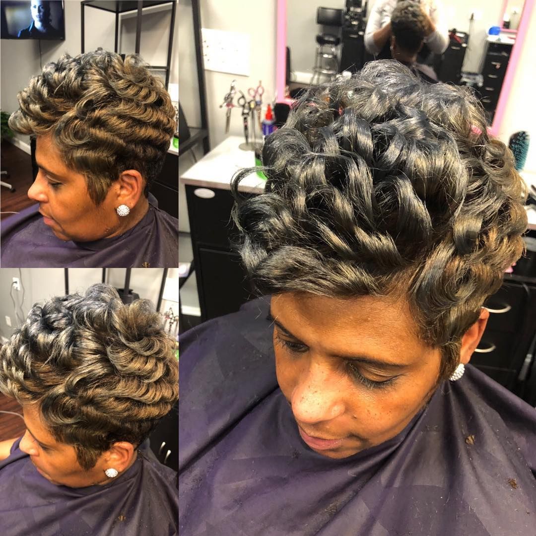Collage of short, wavy dark hair styled with blonde highlights in a salon chair