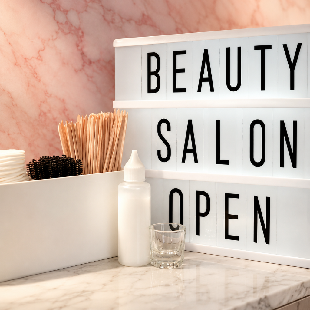 Beauty salon open sign on marble counter with pink wall background