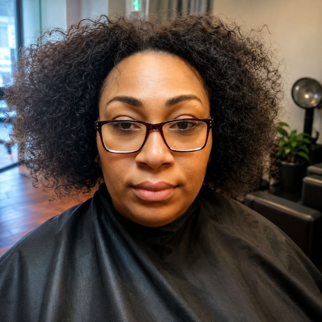 Portrait of a person wearing glasses and a black cape in a salon chair, looking at the camera