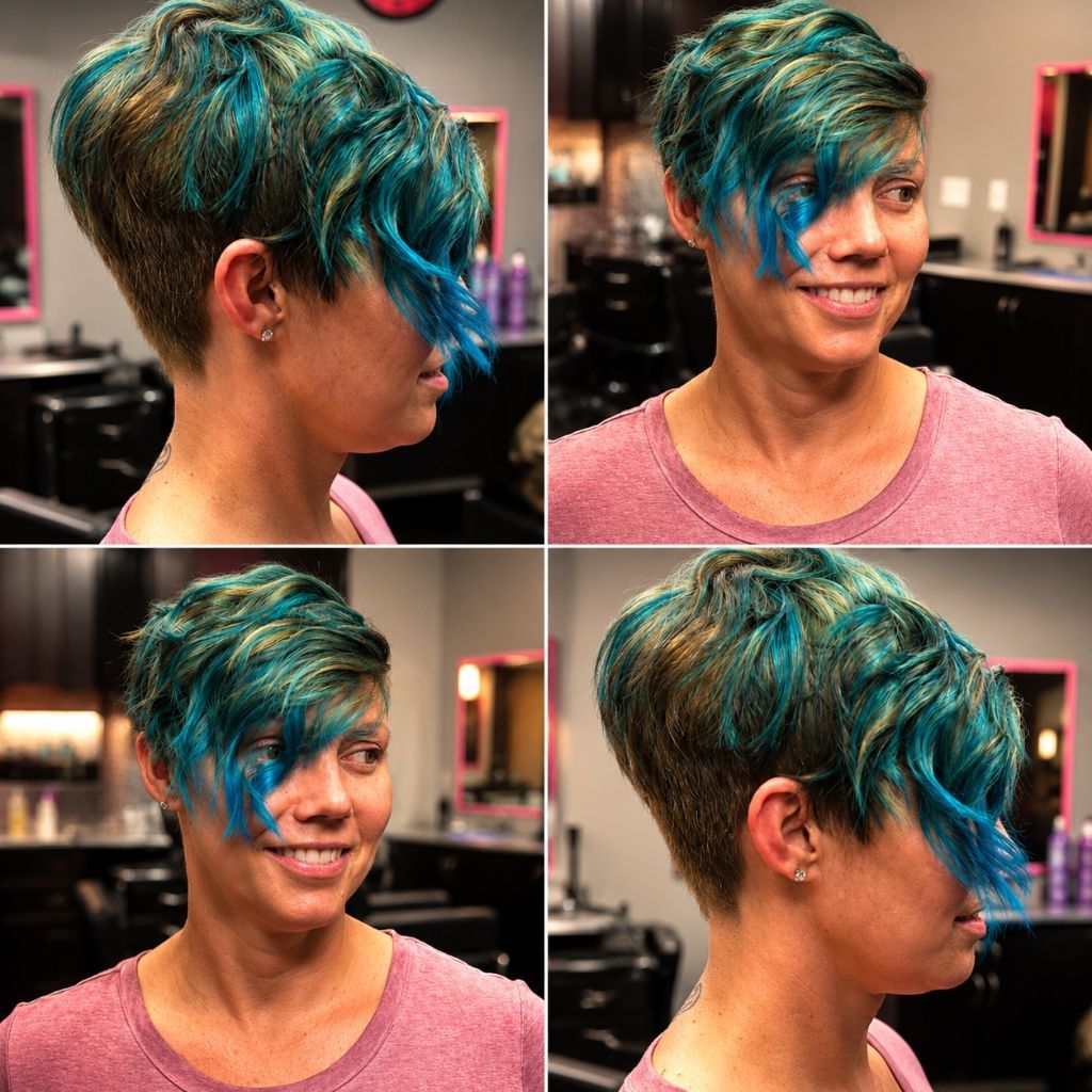 Four-panel collage of a short teal-and-black asymmetrical haircut in a salon mirror.