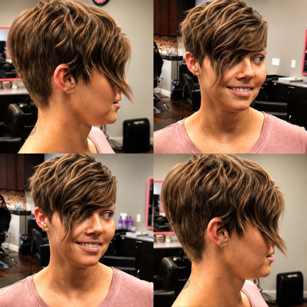 Collage of a short layered haircut in a salon, shown from side and front views.