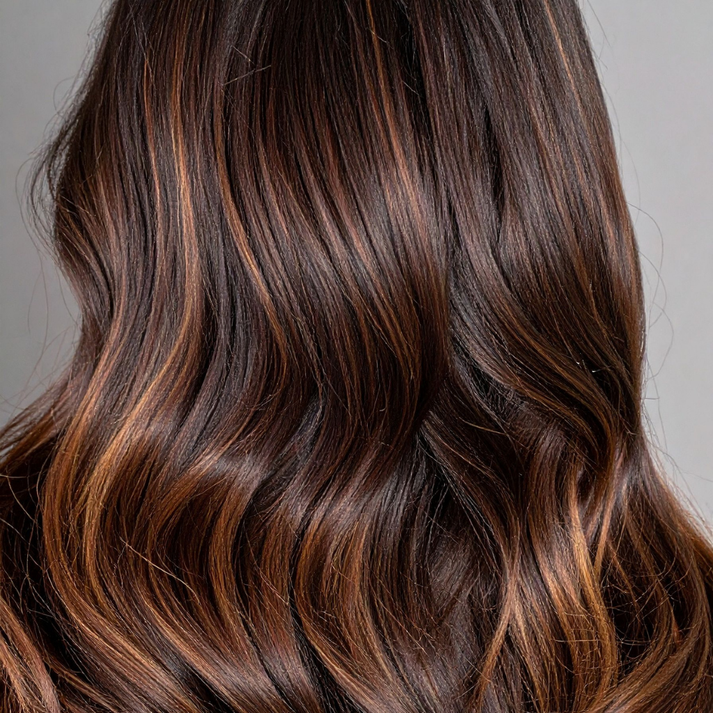 Glossy brown wavy hair with copper highlights against a neutral background