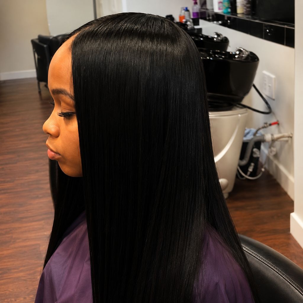 Person with sleek straight black hair in a salon chair, side profile, wearing a purple cape.