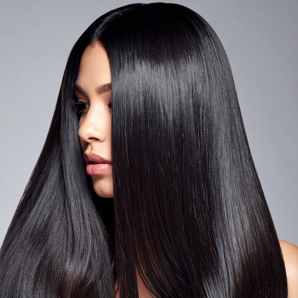 Woman with long, straight black hair against a light gray background