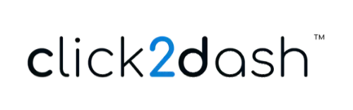 Click2dash logo in black and blue text on a white background